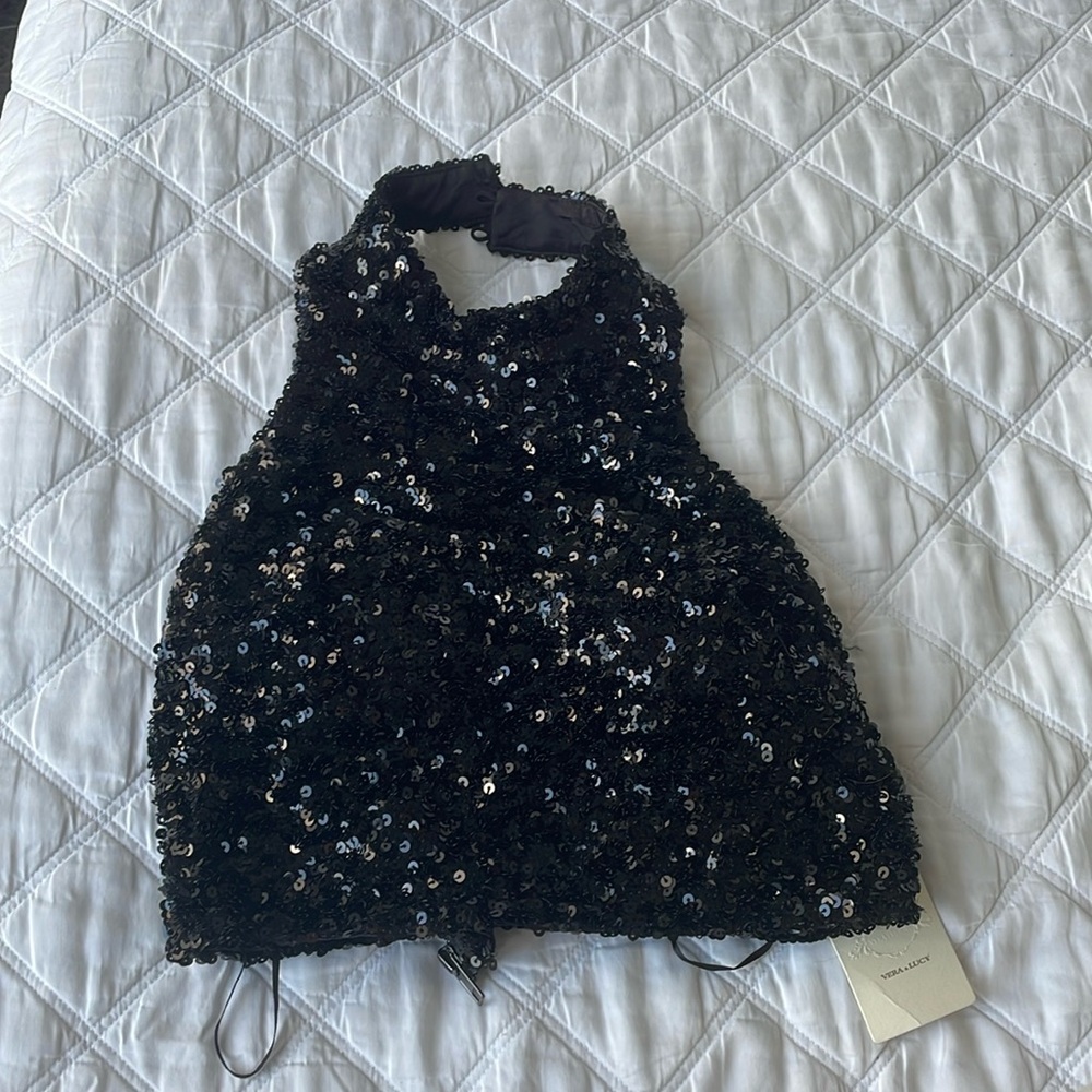 NWT black sequin halter top with breast pads